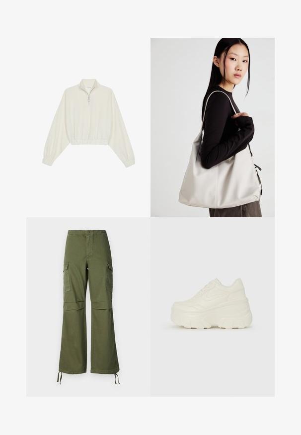 Kreminės spalvos trumpas megztinis, turintis aukštą apykaklę, pusiau užtrauktuką, elastinį apačią irRankovių kraštus, su lygiu paviršiumi ir minimalizuotu dizainu.; Alyvuogių žalios spalvos medvilninės kargo kelNės su plačiomis kojomis, dviem šoninėmis kišenėmis ir reguliuojamomis juostelėmis apačioje.; Baltos platformos sportbačiai su lygiu odos primenančiu paviršiumi, apvalia forma, paminkštintu apykakle ir tekstūruotu guminiu padu su ryškiais protektoriais.; Bežinė rankinė, pagaminta iš minkštos medžiagos, turinti laisvą dizainą, siuvinėtas detalės ir dvi petnešos. Tinkama kasdieniam naudojimui.