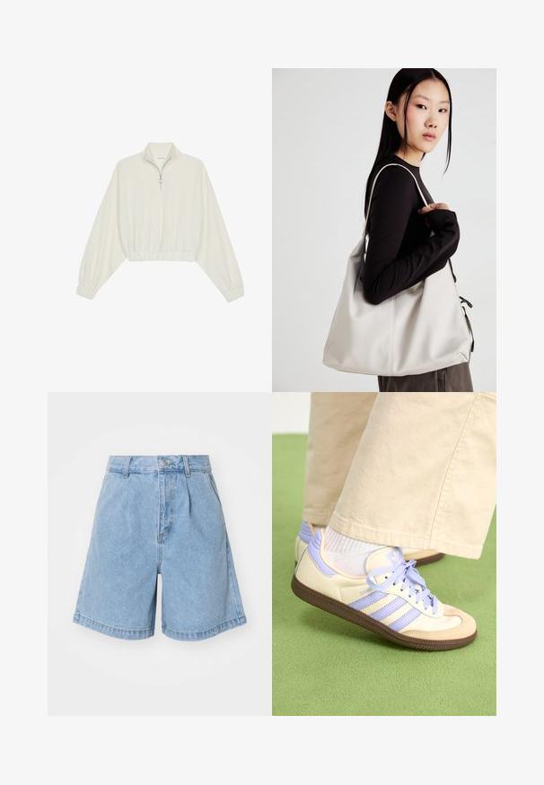 Kreminės spalvos trumpas megztinis, turintis aukštą apykaklę, pusiau užtrauktuką, elastinį apačią irRankovių kraštus, su lygiu paviršiumi ir minimalizuotu dizainu.; Šviesiai mėlyni džinsiniai šortai su aukštu liemeniu, plisuota priekiu ir plačiomis, tiesiomis kojomis. Užsegami su mygtuku ir turi diržo kilpas.; Kreminės ir levandų spalvos sportbačiai su trims juostelėmis ir tekstūruota ruda padais, su raišteliais ir paminkštintu kulnu. Minkšta medžiaginė viršutinė dalis.; Bežinė rankinė, pagaminta iš minkštos medžiagos, turinti laisvą dizainą, siuvinėtas detalės ir dvi petnešos. Tinkama kasdieniam naudojimui.