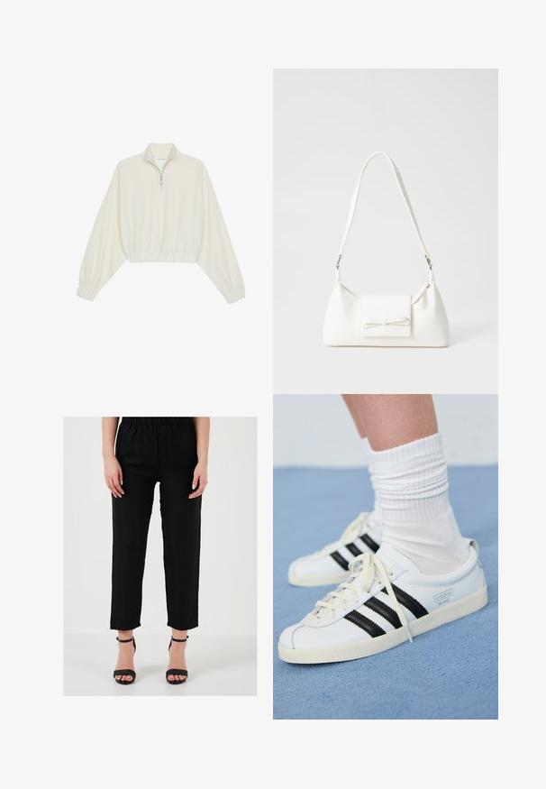 Lyhyt kerrosvaate vaaleasta kankaasta, jossa on korkea kaulus, puolivetoketjukiinnitys, joustavat helma ja hihansuut, tasainen pinta ja minimalistinen muotoilu.; Mustat pellavahousut, joissa on joustava vyötärö, suora leikkaus ja nilkkapituiset, yhdistetty mustiin hihnallisiin korkokenkiin.; Valkoiset nahkakengät, joissa on mustat raidat, kermaisen värinen pohja ja vaaleat nauhat. Puettu valkoisten urheilusukkien kanssa, taustalla sininen väri.; Valkoinen synteettinen käsilaukku, jossa on kolmikulmainen muoto, tasainen etu läppä ja nauhadetail, säädettävä olkahihna, sileä rakenne ja minimalinen muotoilu.