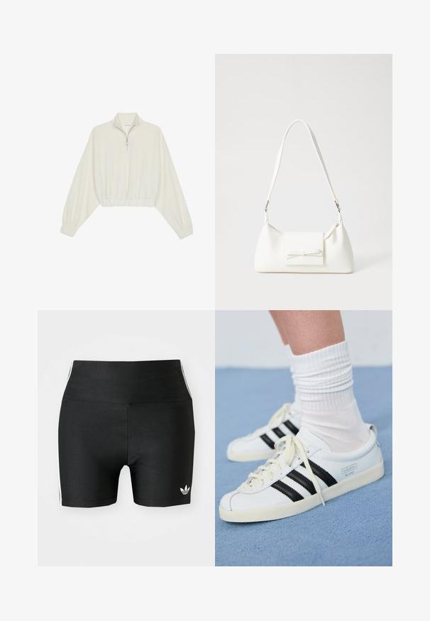 Pullover curto em tecido creme, apresentando um colarinho alto, fecho de meio zíper, bainha e punhos elásticos, com uma textura suave e design minimalista.; Calções atléticos pretos em tecido elástico com uma cintura alta. Apresenta riscas brancas nas laterais e um pequeno logótipo branco na bainha.; Tenis brancos de couro com riscas pretas, sola em creme e atacadores claros. Usados com meias brancas com nervuras, posicionados sobre um fundo azul.; Mala sintética branca com formato triangular, aba frontal plana e detalhe de laço, alça ajustável, textura suave e design minimalista.
