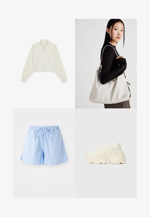 Kort genser i kremfarget stoff, med høy krage, halv glidelås, elastisk nederste kant og mansjetter, med en glatt tekstur og minimalistisk design.; Lyseblå bomullsshorts med elastisk midje og snor, med en avslappet passform og sidesplitter for enkel bevegelse.; Chunky hvite sneakers laget av teksturert mesh og syntetiske materialer, med en tykk såle og intrikate mønsterdetaljer langs sidene.; Beige håndveske laget av mykt materiale, med en slapp design, sydd detaljer og to skulderstropper. Passer for daglig bruk.