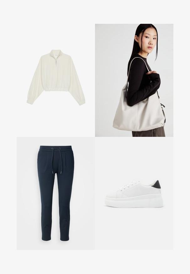 Gerippter Pullover aus cremefarbener Baumwolle mit hohem Kragen, halbem Reißverschluss, elastischen Säumen und Bündchen, glatter Textur und minimalistischem Design.; Marineblaue Jogginghosen aus weichem Stoff, mit einem elastischen Bündchen und Kordelzug, zwei Seitentaschen und schmaler Passform.; Weiße Plateausneaker aus glattem Kunstmaterial, mit runder Zehenform, Schnürdesign und einer strukturierten Gummisohle. Schwarzer Fersenakzent.; Beige Handtasche aus weichem Material, mit einem lässigen Design, gesteppten Details und zwei Schulterriemen. Geeignet für den täglichen Gebrauch.