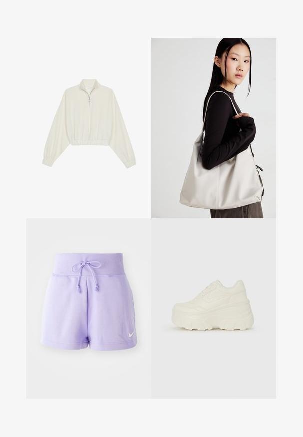 Kort genser i kremfarget stoff, med høy krage, halv glidelås, elastisk nederste kant og mansjetter, med en glatt tekstur og minimalistisk design.; Lavender fargerike dame shortser laget av myk bomull, med elastisk midje og snøring samt en liten hvit Nike-logo på sømmen.; Hvite plattformsnickers med en glatt læraktig overdel, avrundet form, polstret krage og teksturert gummisåle med tydelige dekk.; Beige håndveske laget av mykt materiale, med en slapp design, sydd detaljer og to skulderstropper. Passer for daglig bruk.