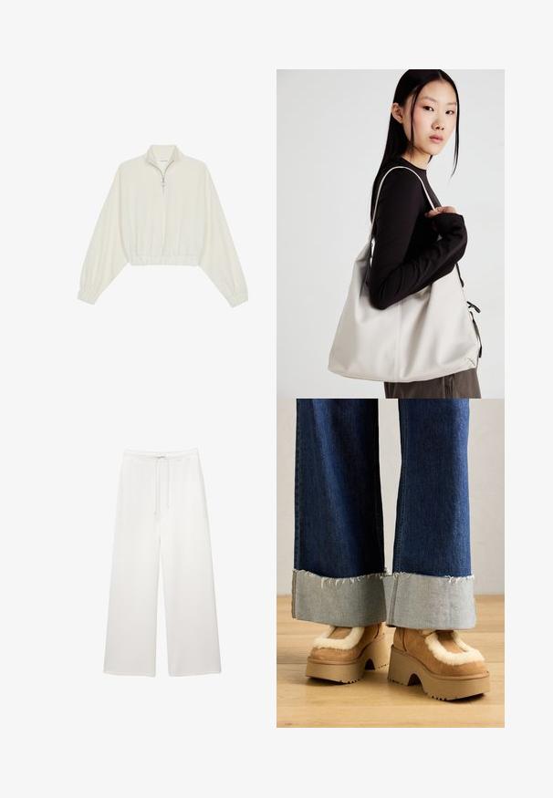 Kort striktrøje i cremefarvet stof med høj krave, halvlynlås, elastisk kant og manchetter, glat tekstur og minimalistisk design.; Løse hvide bukser med brede ben, elastisk talje og snor, designet til afslappet brug.; Brune ruskinds platform støvler med cremefarvet pelsfor, parret med brede denimbukser med rå afslutninger og en lysere denimsmock.; Beige håndtaske lavet af blødt materiale med et slouchy design, stikninger og to skulderremme. Velegnet til daglig brug.