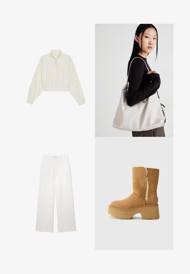 Kort striktrøje i cremefarvet stof med høj krave, halvlynlås, elastisk kant og manchetter, glat tekstur og minimalistisk design.; Løse hvide bukser med brede ben, elastisk talje og snor, designet til afslappet brug.; UGG NEW HEIGHTS CUFF - Vinterstøvler - chestnut; Beige håndtaske lavet af blødt materiale med et slouchy design, stikninger og to skulderremme. Velegnet til daglig brug.