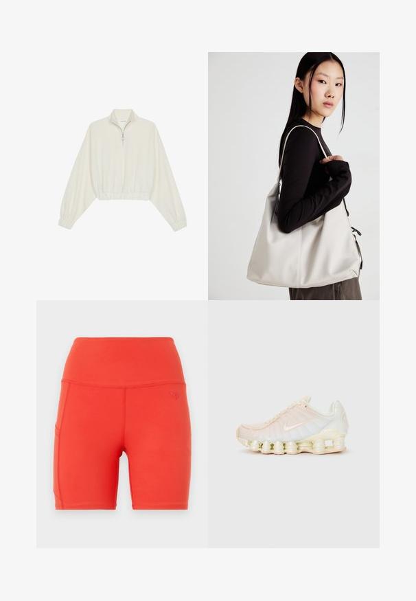 Pullover accorciato in tessuto crema, con colletto alto, chiusura a zip parziale, orlo e polsini elasticizzati, dalla texture liscia e design minimal.; Pantaloni sportivi rossi con vita alta, realizzati in materiale liscio e elastico. Presentano una tasca laterale e un piccolo logo in rilievo.; Scarpe Nike con una tomaia traslucida in morbidi toni pastello, pannelli testurizzati e una suola distintiva imbottita composta da segmenti impilati.; Borsa a mano beige realizzata in materiale morbido, caratterizzata da un design morbido, dettagli cuciti e due manici. Adatta per l'uso quotidiano.