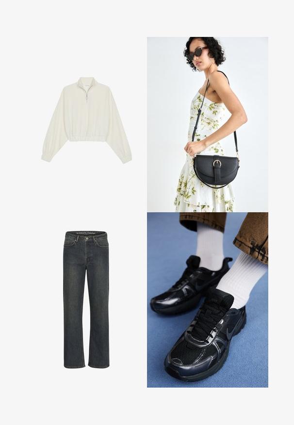 Zkrácený svetr z krémové látky, který má vysoký límec, poloviční zip, elastický spodní lem a manžety, hladkou texturu a minimalistický design.; Tmavě modré rovné džíny vyrobené z denimové látky, s středním pasem, designem s pěti kapsami a jemným prošíváním podél švů.; Černé tenisky Nike z síťovaného a syntetického materiálu s texturovaným svrškem, černými tkaničkami a odolnými gumovými podrážkami. Viditelné jsou bílé žebrované ponožky.; Černá kožená kabelka s křivkovým tvarem, odnímatelným popruhem a zlatými detaily. Kabelka má klopu s přezkou.