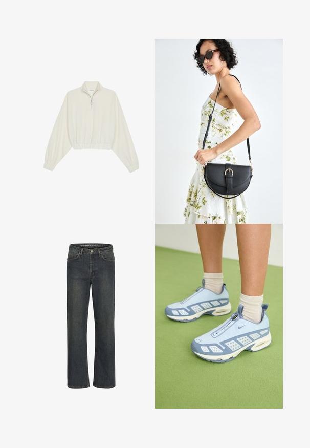 Kreemfarbenest lühikese varrukaga kudum, millel on kõrge kaelus, pool tõmblukk, elastne allosa ja varrukad, sile tekstuur ja minimaalne disain.; Tumedate sinised sirged teksad, mis on valmistatud denimpakendist, keskmise kõrgusega vöökohaga, viie tasku disainiga ja õrnate õmblustega õmblustes.; Heledad sinised spordijalatsid valgete detailidega, tekstuuriga paneelid ja tõmblukk. Omab nähtavat õhuklotsiga tallat ja kummist välispinda.; Mustmust mustraha kõverate joontega, eemaldatava rihmaga ja kuldsete detailidega. Kotil on klapp, millel on pandladetail.