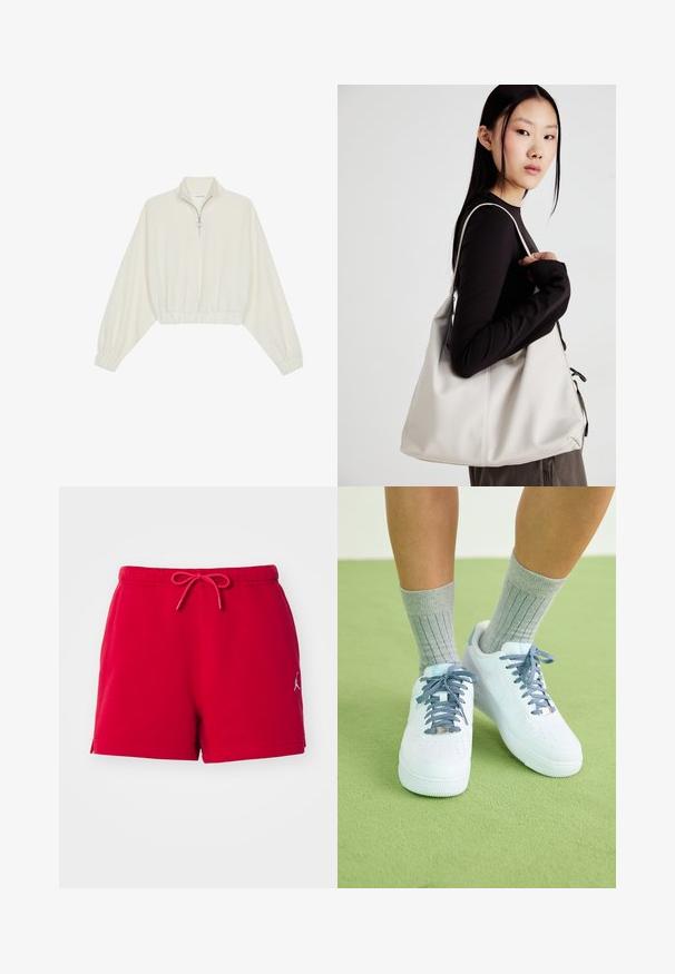 Avkortad tröja i krämfärgad tyg, med hög krage, halvdragkedja, elastisk nederkant och ärmar, med en slät yta och minimalistisk design.; Röda bomullsshorts med elastisk midja och dragsko. Har en logotypaccent i nedre vänstra hörnet och sidofickor för rörelsefrihet.; Vita lädersneakers med blå accenter, perforerat tådesign och strukturerade blåa och vita snören, bärs med grå ribbade strumpor.; Beige handväska tillverkad av mjukt material, med en avslappnad design, sydda detaljer och två axelremmar. Lämplig för dagligt bruk.