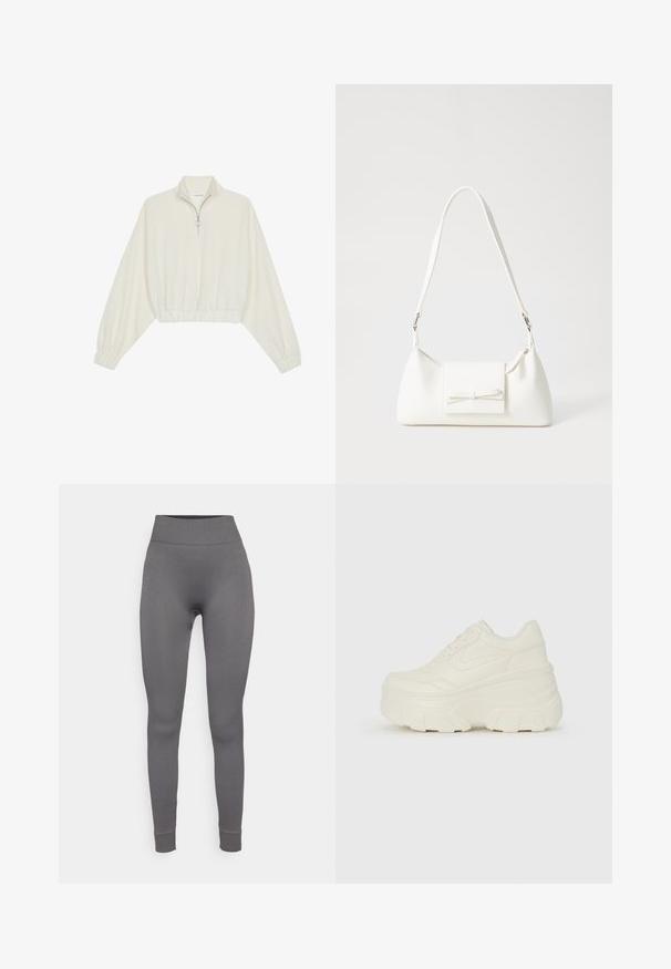 Cropped pullover in cream fabric, featuring a high collar, half-zip closure, elasticated hem and cuffs, with a smooth texture and minimal design.; Gray ribbed leggings with a high waistband, fitted shape, and cuffed ankles; made of stretchy material for comfort and ease of movement.; White platform sneakers featuring a smooth leather-like upper, rounded shape, padded collar, and textured rubber sole with defined treads.; White synthetic handbag with a triangular shape, flat front flap and bow detail, adjustable strap, smooth texture, and minimalistic design.
