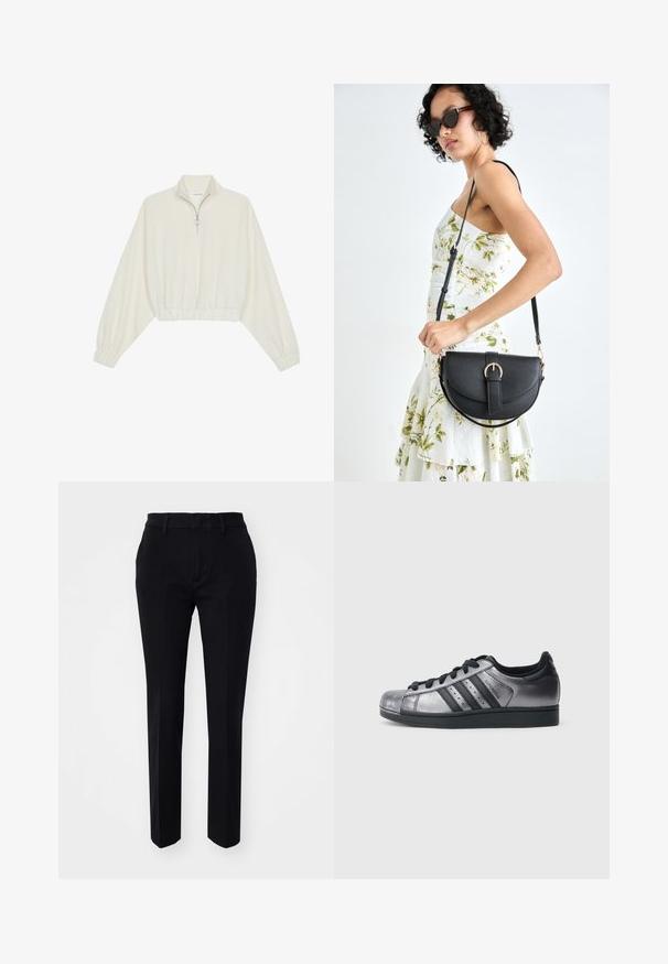 Pullover curto em tecido creme, apresentando um colarinho alto, fecho de meio zíper, bainha e punhos elásticos, com uma textura suave e design minimalista.; Calças pretas sob medida com uma textura de tecido suave, pernas retas e bolsos laterais angulados. Cintura simples com passadores de cinto, sem padrões visíveis.; Ténis pretos e prata metálico com bico arredondado, três riscas pretas e parte superior texturizada. Cadarços pretos e sola de borracha.; Bolsa de couro preta com forma curva, alça destacável e detalhes em dourado. A bolsa possui uma aba com detalhe de fivela.