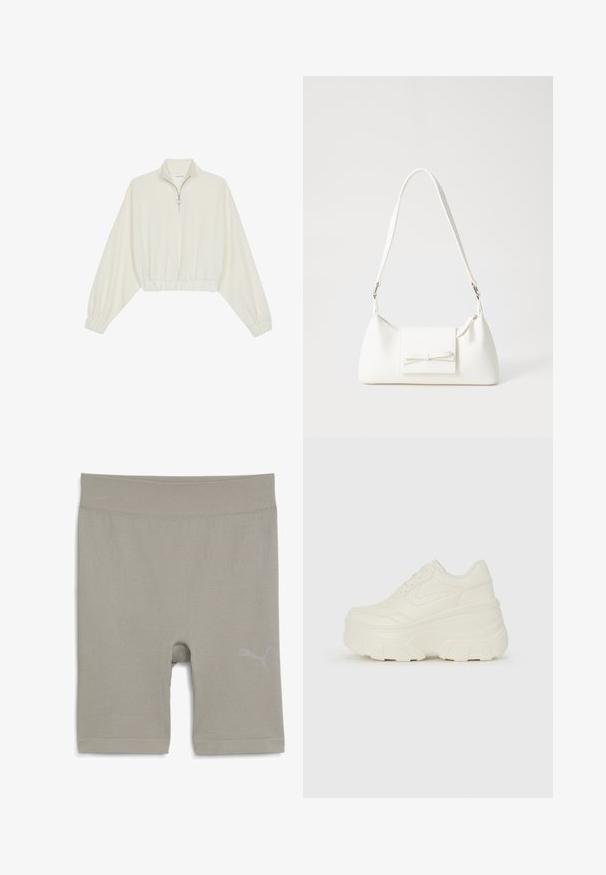 Kort striktrøje i cremefarvet stof med høj krave, halvlynlås, elastisk kant og manchetter, glat tekstur og minimalistisk design.; Lysegrå ribbede sportsbukser med en glat overflade, der har et logo på nederste højre side og en mid-thigh længde.; Hvide platform sneakers med en glat læderlignende overdel, rund form, polstret krave og struktureret gummisål med definerede riller.; Hvid syntetisk håndtaske med en trekantet form, flad forsideklap og sløjfedetalje, justerbar strop, glat tekstur og minimalistisk design.