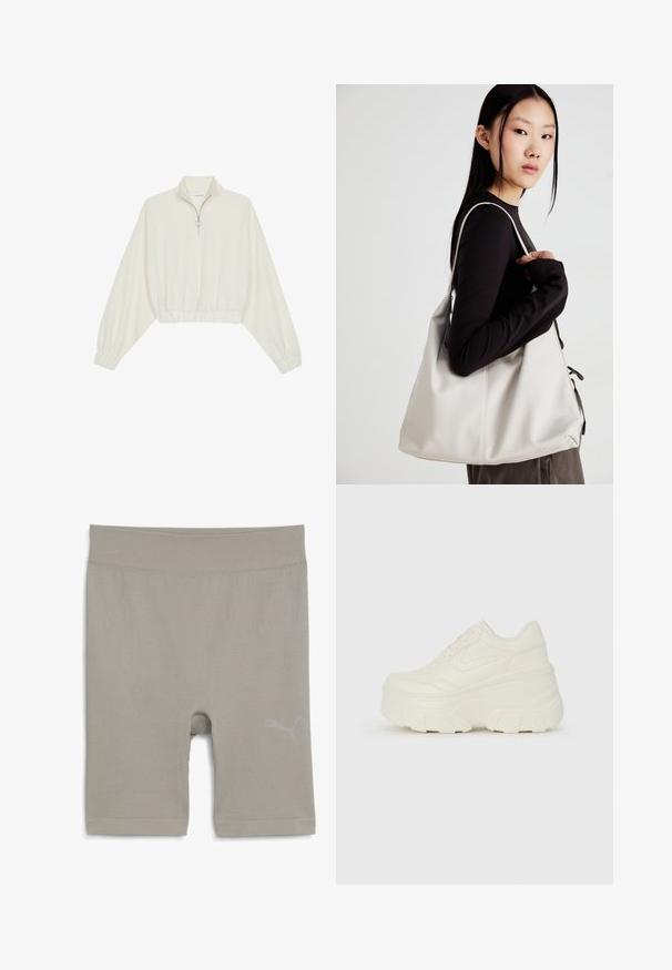 Kreptais pusītes džemperis krēmkrāsā, ar augstu apkakli, puszipa aizdari, elastīgu apakšmalu un aprocēm, ar gludu tekstūru un minimālistisku dizainu.; Gaiši pelēkas ribotas sporta šorti ar gludu tekstūru, ar logotipu apakšējā labajā pusē un vidēji līdz augšstilbam garumu.; Baltie platformas sporta apavi, kas izgatavoti no gludas mākslīgās ādas, ar noapaļotu formu, mīkstu apkakli un teksturētu gumijas zoli ar izteiktiem rakstiem.; Bežs rokassoma, izgatavota no mīksta materiāla, ar brīvu dizainu, izšūtu apdari un divām plecu siksnām. Piemērota ikdienas lietošanai.
