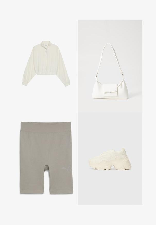 Skraćeni pulover od kremastog materijala, s visokim ovratnikom, zatvaranjem na polovicu munje, elastičnim rubom i manžetama, s glatkom teksturom i minimalnim dizajnom.; Svijetlosive rebraste atletske kratke hlače glatke teksture, s logotipom na donjoj desnoj strani i dužinom do sredine bedra.; Masivne bijele tenisice od teksturirane mreže i sintetičkih materijala, sa debelim potplatom i složenim uzorcima duž strana.; Bijela sintetička torbica s trokutastim oblikom, ravnim prednjim poklopcem i detaljem u obliku mašne, podesivom remenom, glatkom teksturom i minimalističkim dizajnom.