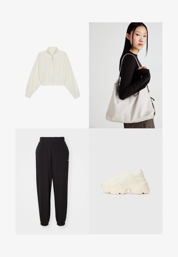 Kreptais pusītes džemperis krēmkrāsā, ar augstu apkakli, puszipa aizdari, elastīgu apakšmalu un aprocēm, ar gludu tekstūru un minimālistisku dizainu.; Melnas sporta bikses, izgatavotas no mīksta auduma, ar ribotu jostu un piedurkņu galiem. Iekļauts neliels logo akcenti sānos.; Masīvi balti sportisti, kas izgatavoti no strukturēta sieta un sintētiskajiem materiāliem, ar biezu zoli un sarežģītām rakstu detaļām gar sāniem.; Bežs rokassoma, izgatavota no mīksta materiāla, ar brīvu dizainu, izšūtu apdari un divām plecu siksnām. Piemērota ikdienas lietošanai.