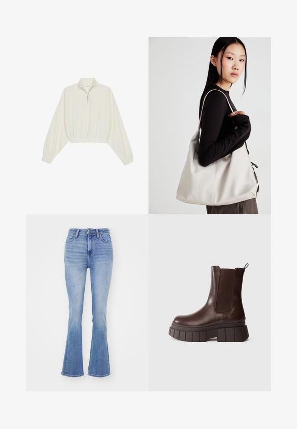 Zkrátený pulover z krémového materiálu, s vysokým golierom, polovičným zipsom, elastickým lemom a manžetami, s hladkou textúrou a minimalistickým dizajnom.; Svetlomodré rozšírené džínsy vyrobené z denimu, s vysokým pásom, päťvreckovým dizajnom a hladkým povrchom s jemným vyblednutím.; Tmavohnedé kožené členkové topánky s hrubou, masívnou podrážkou a elastickým postranným panelom, umiestnené na jednoduchom bielom pozadí.; Béžová kabelka vyrobená z mäkkého materiálu, s uvoľneným dizajnom, prišitými detailmi a dvoma popruhmi na nosenie na pleciach. Vhodná na každodenné nosenie.