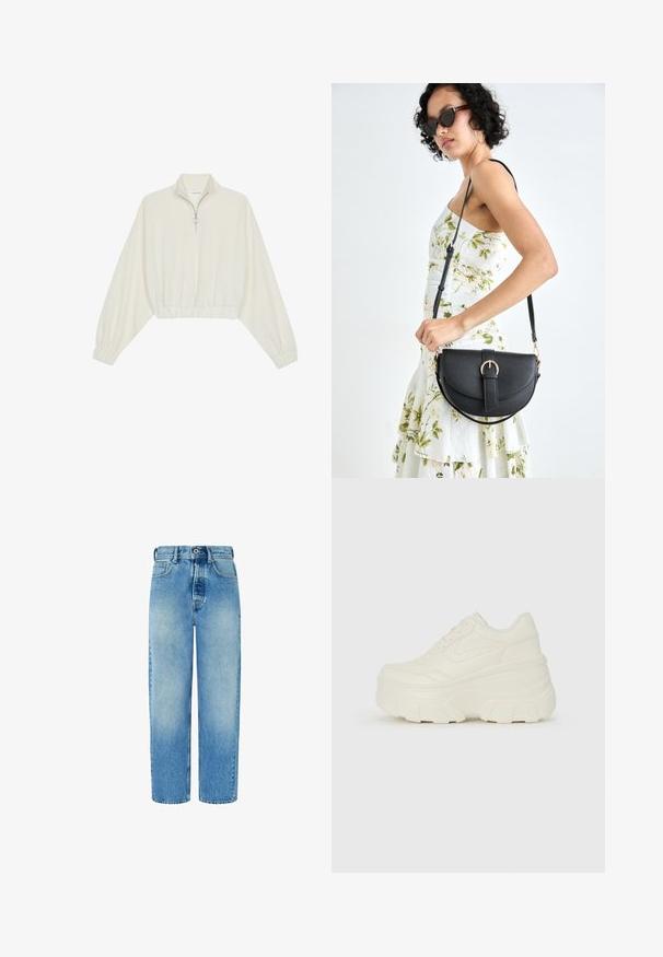 Kreminės spalvos trumpas megztinis, turintis aukštą apykaklę, pusiau užtrauktuką, elastinį apačią irRankovių kraštus, su lygiu paviršiumi ir minimalizuotu dizainu.; Šviesiai mėlynos džinsinės kelnės su tiesiomis kojomis, aukštu liemeniu, priekinėmis kišenėmis ir mygtuko užsegimu. Yra šiek tiek blukimo ir jokios puošybos.; Baltos platformos sportbačiai su lygiu odos primenančiu paviršiumi, apvalia forma, paminkštintu apykakle ir tekstūruotu guminiu padu su ryškiais protektoriais.; Juodas odinis krepšys su išlenkta forma, nuimamu dirželiu ir auksiniais detalėmis. Krepšys turi kilpą su sagtimi.