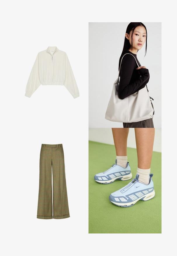 Kreptais pusītes džemperis krēmkrāsā, ar augstu apkakli, puszipa aizdari, elastīgu apakšmalu un aprocēm, ar gludu tekstūru un minimālistisku dizainu.; Luisa Spagnoli OSPITALITA - Auduma bikses - verde bosco; Gaiši zili sporta apavi ar baltajiem akcentiem, teksturētām paneļiem un ar rāvējslēdzēja aizdari. Raksturīga redzama gaisa amortizācijas zole un gumijas zole.; Bežs rokassoma, izgatavota no mīksta materiāla, ar brīvu dizainu, izšūtu apdari un divām plecu siksnām. Piemērota ikdienas lietošanai.