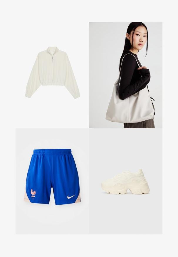 Kreemfarbenest lühikese varrukaga kudum, millel on kõrge kaelus, pool tõmblukk, elastne allosa ja varrukad, sile tekstuur ja minimaalne disain.; Kergedest sinisest spordilühikestest, millel on külgedel sinine ja roosa kana logo. Nike logo on trükitud valgega.; Paksud valged tennised, mis on valmistatud tekstureeritud võrgu- ja sünteetilistest materjalidest, pakuvad paksu tallaga ja keerukat mustrit külgedel.; Bež käekott pehme materjali, millel on lõtv disain, õmblustega detailid ja kaks õlarihma. Sobib igapäevaseks kasutamiseks.