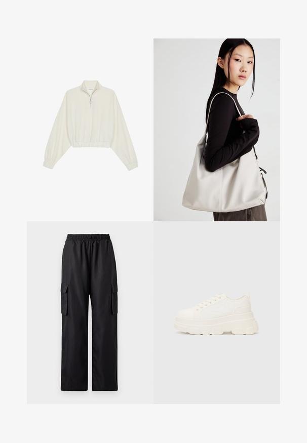Skraćeni pulover od kremastog materijala, s visokim ovratnikom, zatvaranjem na polovicu munje, elastičnim rubom i manžetama, s glatkom teksturom i minimalnim dizajnom.; Crne cargo hlače s elastičnim strukom, dva bočna džepa i opuštenim, širokim krojem. Izrađene od glatkog, laganog materijala.; Bijela platnena tenisica s debelim potplatom, zaobljenim vrhom i pet rupica za vezice. Stražnji tab za jednostavno obuvanje. Glatka tekstura, minimalistički dizajn.; Bežna torba od mekog materijala s opuštenim dizajnom, šivanim detaljima i dva remena za rame. Pogodna za svakodnevnu upotrebu.