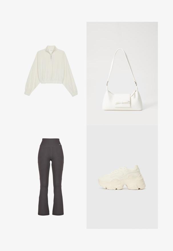 Cropped pullover in cream fabric, featuring a high collar, half-zip closure, elasticated hem and cuffs, with a smooth texture and minimal design.; Flared dark gray ribbed leggings with high waistband, made of stretchy material; smooth texture with subtle stitching details.; Chunky white sneakers made of textured mesh and synthetic materials, featuring a thick sole and intricate pattern details along the sides.; White synthetic handbag with a triangular shape, flat front flap and bow detail, adjustable strap, smooth texture, and minimalistic design.