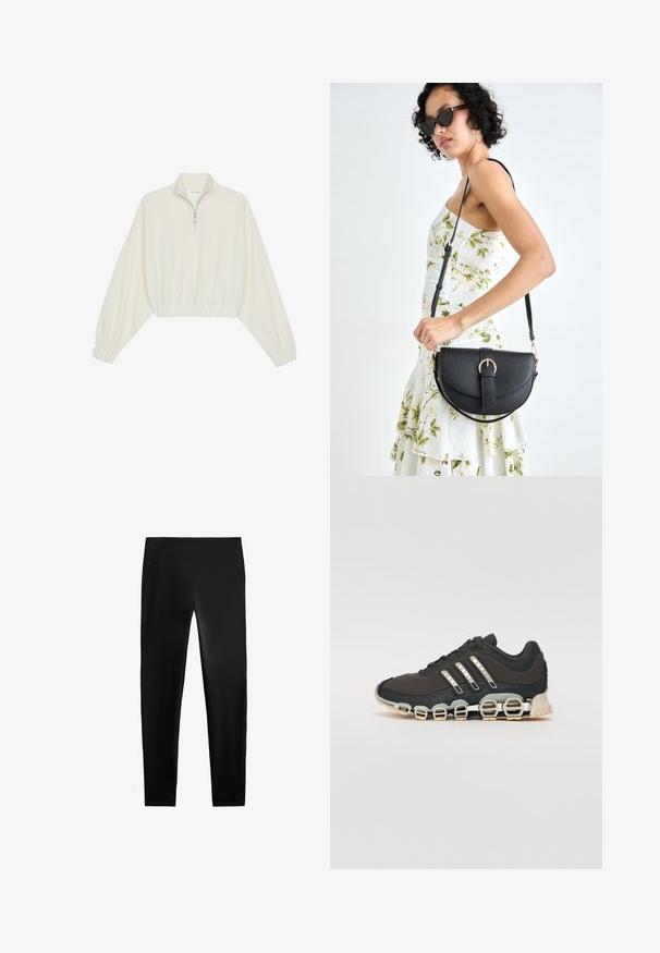 Zkrácený svetr z krémové látky, který má vysoký límec, poloviční zip, elastický spodní lem a manžety, hladkou texturu a minimalistický design.; Černé legíny vyrobené z pružné látky, s vysokým pasem, přiléhavým střihem a hladkou texturou, bez viditelných vzorů nebo akcentů.; Černá atletická bota s texturovaným svrškem, třemi stříbrnými pruhy a výraznou odpruženou podrážkou se spoustou integrovaných sekcí.; Černá kožená kabelka s křivkovým tvarem, odnímatelným popruhem a zlatými detaily. Kabelka má klopu s přezkou.