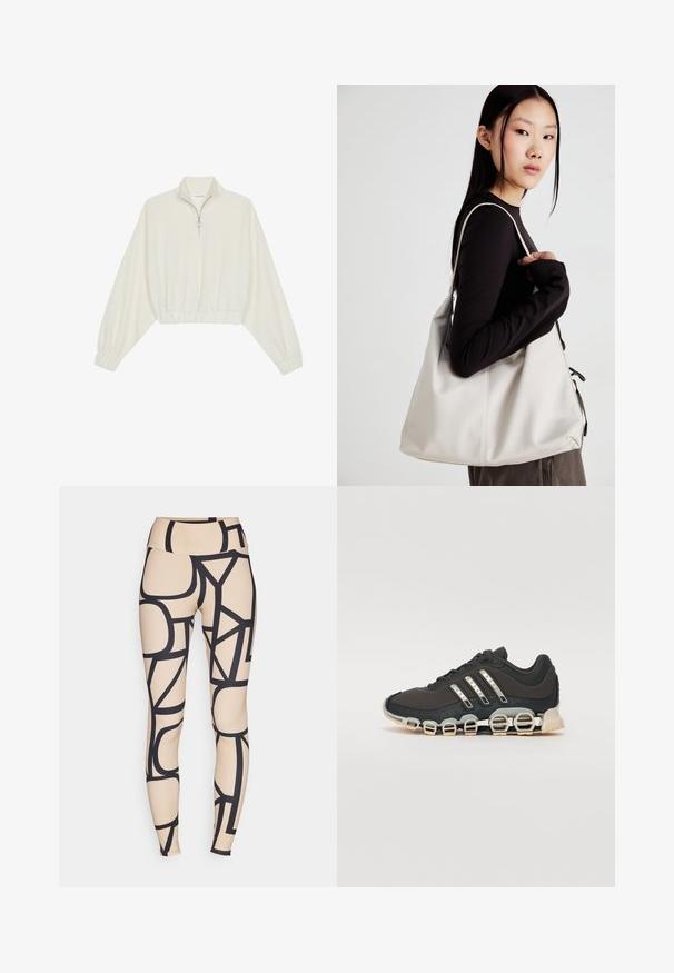 Kort genser i kremfarget stoff, med høy krage, halv glidelås, elastisk nederste kant og mansjetter, med en glatt tekstur og minimalistisk design.; Beige leggings med svarte geometriske mønstre. Høy midje-design med en glatt tekstur og stretchy stoff. Fittet silhuett.; Svarte sportsko med en strukturert overflate, tre sølvstriper, og en distinkt støtdempende såle med flere integrerte seksjoner.; Beige håndveske laget av mykt materiale, med en slapp design, sydd detaljer og to skulderstropper. Passer for daglig bruk.