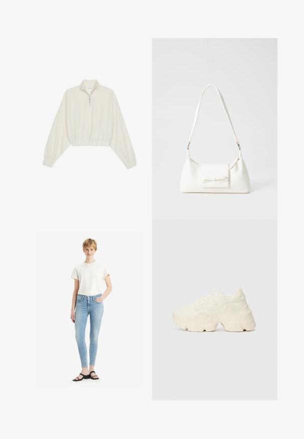 Pulover scurt din stofă crem, cu guler înalt, închidere cu fermoar pe jumătate, elastic la margini și la manșete, cu o textură netedă și un design minimalist.; Blugi skinny de un albastru deschis, cu talie înaltă, fabricați din denim, asortați cu un tricou din bumbac de culoare crem și sandale negre cu barete.; Tenisi albi voluminoși, fabricați din plasă texturată și materiale sintetice, cu o talpă groasă și detalii de model intricate pe laturi.; Geantă sintetică albă, cu formă triangulară, capac frontal plat și detaliu cu fundă, curea ajustabilă, textură netedă și design minimalist.