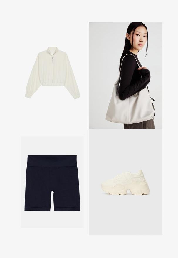 Pullover accorciato in tessuto crema, con colletto alto, chiusura a zip parziale, orlo e polsini elasticizzati, dalla texture liscia e design minimal.; Pantaloni corti in misto cotone blu navy con un ampio elastico in vita, caratterizzati da un design aderente e cuciture piatte per il massimo comfort.; Sneakers bianchi chunky realizzati in mesh testurizzato e materiali sintetici, dotati di una suola spessa e dettagli con motivi intricati lungo i lati.; Borsa a mano beige realizzata in materiale morbido, caratterizzata da un design morbido, dettagli cuciti e due manici. Adatta per l'uso quotidiano.