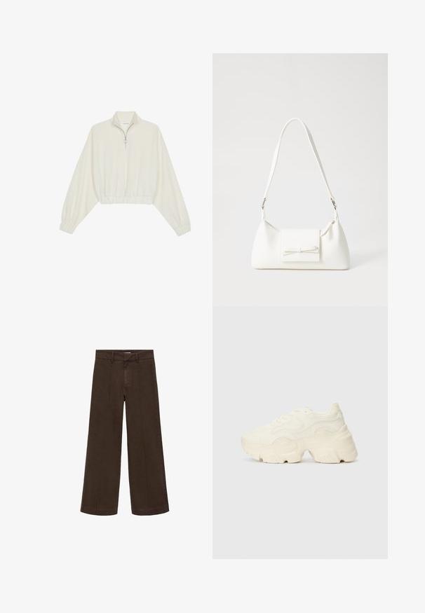 Pulover scurt din stofă crem, cu guler înalt, închidere cu fermoar pe jumătate, elastic la margini și la manșete, cu o textură netedă și un design minimalist.; Pantaloni largi maro, din țesătură de bumbac. Au talie înaltă, închidere cu fermoar și detalii subtile cu cusături pe față. Fără buzunare vizibile.; Tenisi albi voluminoși, fabricați din plasă texturată și materiale sintetice, cu o talpă groasă și detalii de model intricate pe laturi.; Geantă sintetică albă, cu formă triangulară, capac frontal plat și detaliu cu fundă, curea ajustabilă, textură netedă și design minimalist.