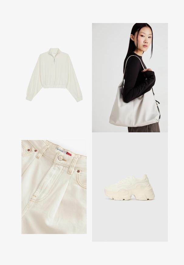 Cropped pullover in cream fabric, featuring a high collar, half-zip closure, elasticated hem and cuffs, with a smooth texture and minimal design.; Cream-colored trousers with subtle texture, featuring a zip fly, bronze hardware, and contrasting stitching along the seams and pockets.; Chunky white sneakers made of textured mesh and synthetic materials, featuring a thick sole and intricate pattern details along the sides.; Beige handbag made of soft material, featuring a slouchy design, stitched detailing, and two shoulder straps. Suitable for everyday use.