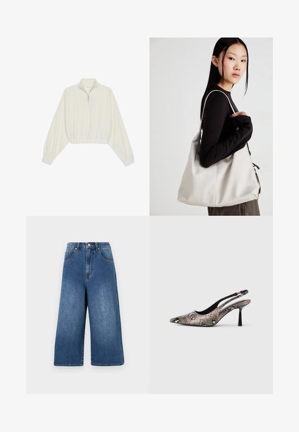 Pulover scurt din stofă crem, cu guler înalt, închidere cu fermoar pe jumătate, elastic la margini și la manșete, cu o textură netedă și un design minimalist.; Culotte din denim de culoare albastru mediu, cu talie înaltă, picioare largi, cinci buzunare și o ușoară decolorare, având închidere cu nasture metalic și fermoar.; Pantofi slingback cu vârf ascuțit, din material texturat cu imprimeu de șarpe, având un toc subțire negru și un design decupat pe laterale.; Geantă bej din material moale, cu un design lejer, detalii cusute și două bretele pentru umăr. Potrivită pentru utilizarea zilnică.