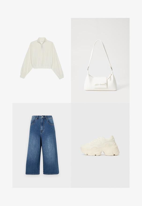 Kreptais pusītes džemperis krēmkrāsā, ar augstu apkakli, puszipa aizdari, elastīgu apakšmalu un aprocēm, ar gludu tekstūru un minimālistisku dizainu.; Denim culotes vidējā zilā krāsā ar augstu jostasvietu, platām kājām, piecām kabatām un vieglu izbalēšanu, ar metāla pogu un rāvējslēdzēju.; Masīvi balti sportisti, kas izgatavoti no strukturēta sieta un sintētiskajiem materiāliem, ar biezu zoli un sarežģītām rakstu detaļām gar sāniem.; Balta sintētiska soma ar trīsstūrveida formu, plakanu priekšējo vāciņu un loku detaļu, regulējamu siksnu, gludu tekstūru un minimālistisku dizainu.