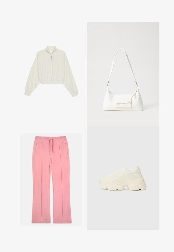 Pullover curto em tecido creme, apresentando um colarinho alto, fecho de meio zíper, bainha e punhos elásticos, com uma textura suave e design minimalista.; Calças de fato em veludo cor-de-rosa com um cós elástico, cordão de ajuste, dois bolsos frontais e detalhes cosidos ao longo das pernas.; Sapatilhas brancas chunky feitas de malha texturizada e materiais sintéticos, apresentando uma sola espessa e detalhes de padrão intrincados ao longo dos lados.; Mala sintética branca com formato triangular, aba frontal plana e detalhe de laço, alça ajustável, textura suave e design minimalista.