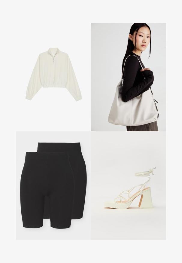 Krém színű, rövidített pulóver, magas gallérral, félig cipzáros záródással, elasztikus derék- és ujjakrésszel, sima textúrával és minimalista dizájnnal.; Fekete, rugalmas anyagú rövidnadrág egyszínű kialakítással, középmagas derékkal és sima, puha textúrával. Két darabos csomagban kapható.; Fehér, magassarkú szandál vastag sarokkal, pántos dizájnnal és bokapánttal. Sima textúra, elülső platformmal a megnövelt magasság érdekében.; Puha anyagból készült bézs kézitáska, laza dizájnnal, varrott részletekkel és két vállpánttal. Mindennapi használatra alkalmas.