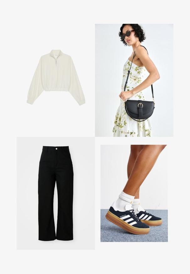 Pullover court en tissu crème, avec un col haut, fermeture éclair à mi-hauteur, ourlet et poignets élastiqués, offrant une texture lisse et un design minimaliste.; Pantalons noirs taille haute, coupe droite avec poches avant, passants de ceinture et fermeture à bouton argenté sur un fond blanc.; Baskets en daim noir avec des rayures et des accents blancs, bout arrondi, semelle extérieure en caoutchouc gomme, associées à des chaussettes blanches côtelées mi-mollet.; Sac à main en cuir noir avec une forme courbée, bandoulière amovible et des accessoires en or. Le sac est doté d'un rabat avec un détail de boucle.