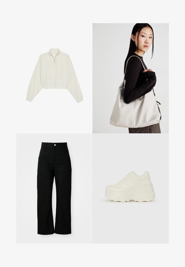 Pulover scurt din stofă crem, cu guler înalt, închidere cu fermoar pe jumătate, elastic la margini și la manșete, cu o textură netedă și un design minimalist.; Pantaloni negri cu talie înaltă, cu picioare drepte, prevăzuți cu buzunare frontale, bucle pentru curea și închidere cu un nasture argintiu, pe un fundal alb.; Adidași platformă albi, cu un superior neted asemănător cu pielea, formă rotunjită, guler căptușit și talpă din cauciuc texturată cu borduri bine definite.; Geantă bej din material moale, cu un design lejer, detalii cusute și două bretele pentru umăr. Potrivită pentru utilizarea zilnică.