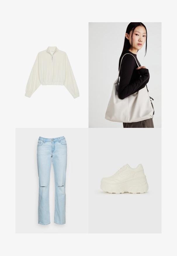 Pullover curto em tecido creme, apresentando um colarinho alto, fecho de meio zíper, bainha e punhos elásticos, com uma textura suave e design minimalista.; Jeans de denim azul claro com um design de perna reta, apresentando rasgos nos joelhos, estilo de cinco bolsos e fecho com botão na cintura.; Tênis brancos de plataforma com um cabedal suave semelhante a couro, formato arredondado, colarinho acolchoado e sola de borracha texturizada com ranhuras bem definidas.; Uma bolsa bege feita de material macio, com um design descontraído, detalhes de costura e duas alças para o ombro. Adequada para uso diário.