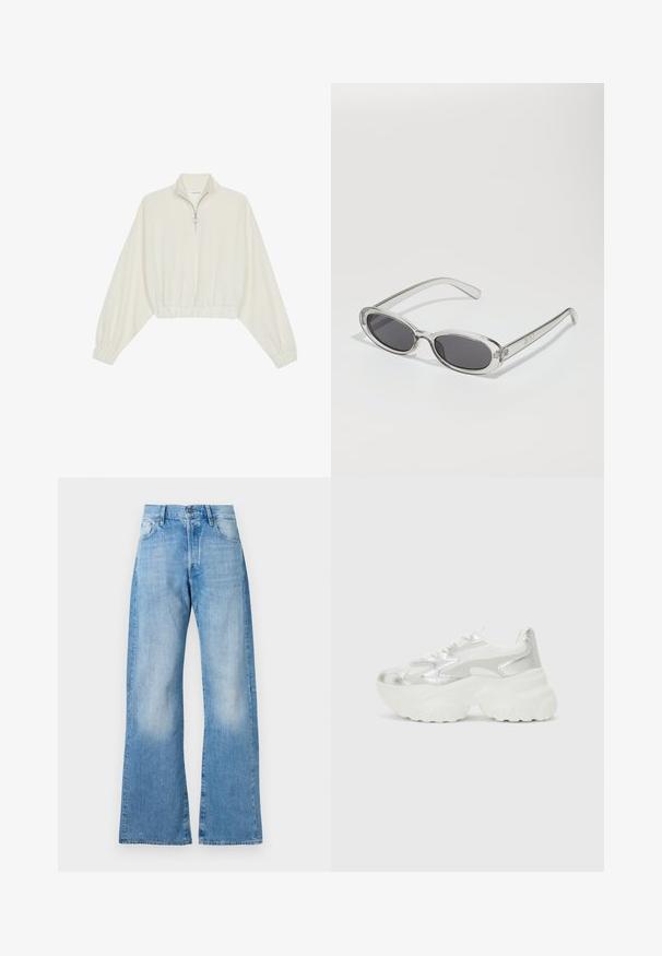 Kreminės spalvos trumpas megztinis, turintis aukštą apykaklę, pusiau užtrauktuką, elastinį apačią irRankovių kraštus, su lygiu paviršiumi ir minimalizuotu dizainu.; Šviesiai mėlyni džinsai su platėjančiomis kojomis, aukštu juosmeniu, penkiomis kišenėmis ir klasikiniu mygtuko uždarymu. Yra švelnus blukimas ir patogus siluetas.; Sidabriniai sportbačiai su tekstūriniu tinkliniu viršumi ir iššokančiomis akcentais, turintys masyvų baltą pado ir raištelių užsegimą.; Akiniai nuo saulės ovalo formos, su skaidriu plastiko rėmu, tamsiai pilkais objektyvais ir plonomis skaidriomis šakėmis, dekoruotais logotipų akcentais ir minimaliais detalėmis.; Bežinė rankinė, pagaminta iš minkštos medžiagos, turinti laisvą dizainą, siuvinėtas detalės ir dvi petnešos. Tinkama kasdieniam naudojimui.