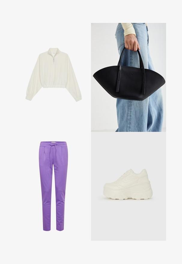 Geknipt pullover in crèmekleurige stof, met een hoge kraag, halve rits, elastische zoom en manchetten, met een soepele textuur en minimalistisch ontwerp.; ICHI IHKATE PA2 - Trainingsbroek - chive blossom; Witte platform sneakers met een gladde leren bovenkant, afgeronde vorm, gewatteerde kraag en een gestructureerde rubberen zool met duidelijke profiel.; Zwarte leren handtas met een unieke waaier vorm, voorzien van platte handvatten. Het oppervlak heeft een gewelfde textuur en een minimalistisch ontwerp.