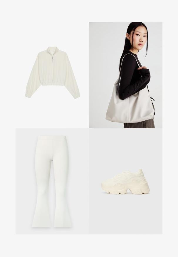 Pullover curto em tecido creme, apresentando um colarinho alto, fecho de meio zíper, bainha e punhos elásticos, com uma textura suave e design minimalista.; Calças brancas acinturadas com pregas, cintura ajustada e folga elegante no tornozelo, apresentando uma textura suave e acabamento liso.; Sapatilhas brancas chunky feitas de malha texturizada e materiais sintéticos, apresentando uma sola espessa e detalhes de padrão intrincados ao longo dos lados.; Uma bolsa bege feita de material macio, com um design descontraído, detalhes de costura e duas alças para o ombro. Adequada para uso diário.