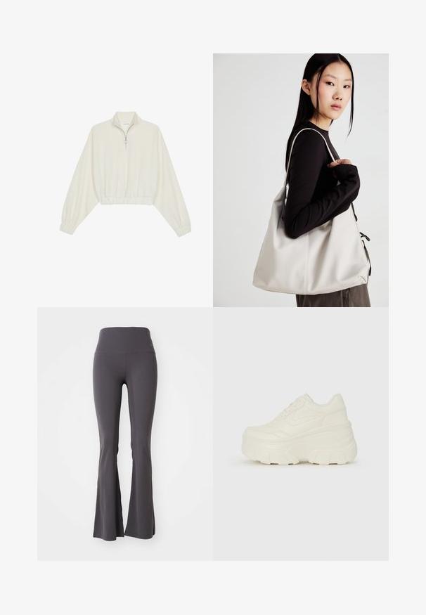 Kort striktrøje i cremefarvet stof med høj krave, halvlynlås, elastisk kant og manchetter, glat tekstur og minimalistisk design.; Grå bredde yoga bukser lavet af strækbart stof. Høj talje og glat tekstur, med en tætsiddende pasform ned til bunden.; Hvide platform sneakers med en glat læderlignende overdel, rund form, polstret krave og struktureret gummisål med definerede riller.; Beige håndtaske lavet af blødt materiale med et slouchy design, stikninger og to skulderremme. Velegnet til daglig brug.