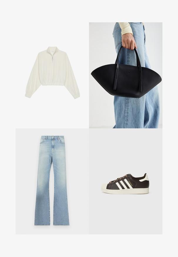 Krém színű, rövidített pulóver, magas gallérral, félig cipzáros záródással, elasztikus derék- és ujjakrésszel, sima textúrával és minimalista dizájnnal.; Világoskék, bőszárú farmernadrág, amely magas derekú, cipzáros, gombos záródással rendelkezik, és fakó mosású, finom textúraváltozásokkal bír.; Sötétbarna bőr alacsony szárú Adidas Superstar sportcipő krémszínű kagyló orral, fehér csíkokkal és "Superstar" felirattal az oldalon.; Fekete bőr kézitáska egyedi legyezőformával, lapos füllel. A felülete kőriszerű textúrájú és minimalista dizájnnal rendelkezik.