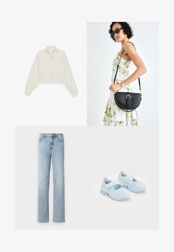 Skraćeni pulover od kremastog materijala, s visokim ovratnikom, zatvaranjem na polovicu munje, elastičnim rubom i manžetama, s glatkom teksturom i minimalnim dizajnom.; Svijetloplave traperice ravnog kroja, klasičnog dizajna s pet džepova, te s dugmetom i patent-zatvaračem u struku.; Svijetloplave tenisice s mrežastom tkaninom, istaknutim prorezima u potplatu i čičak trakom preko vrha za sigurno prianjanje.; Crna kožna torba s lukovitim oblikom, odvojivim remenom i zlatnim detaljima. Torba ima preklop s kopčom.