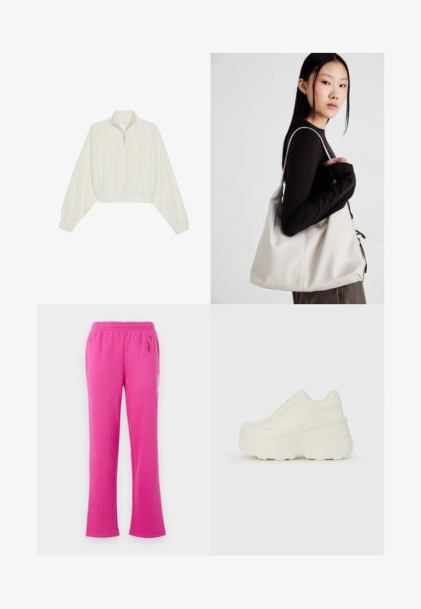 Krém színű, rövidített pulóver, magas gallérral, félig cipzáros záródással, elasztikus derék- és ujjakrésszel, sima textúrával és minimalista dizájnnal.; Rózsaszín plüss melegítőnadrág, gumis derékkal, egyenes szárú fazonban, finom felirattal a jobb felső combon.; Fehér platform sportcipők, sima bőrszerű felsőrésszel, kerek formával, párnázott bokával és texturált gumitalppal, jól definiált mintázattal.; Puha anyagból készült bézs kézitáska, laza dizájnnal, varrott részletekkel és két vállpánttal. Mindennapi használatra alkalmas.