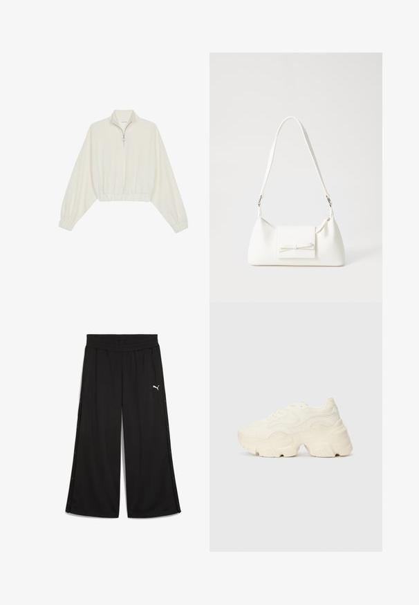 Zkrátený pulover z krémového materiálu, s vysokým golierom, polovičným zipsom, elastickým lemom a manžetami, s hladkou textúrou a minimalistickým dizajnom.; Čierne športové nohavice s elastickým pásom, bočnými cvokmi a bielym logom Puma na prednej strane. Vyrobené z ľahkej tkaniny.; Masívne biele tenisky vyrobené z texturovanej sieťoviny a syntetických materiálov, s hrubou podošvou a zložitými vzorovými detailmi na bokoch.; Biela syntetická kabelka s trojuholníkovým tvarom, plochým predným klapkou a detailom mašle, nastaviteľným popruhom, hladkou textúrou a minimalistickým dizajnom.