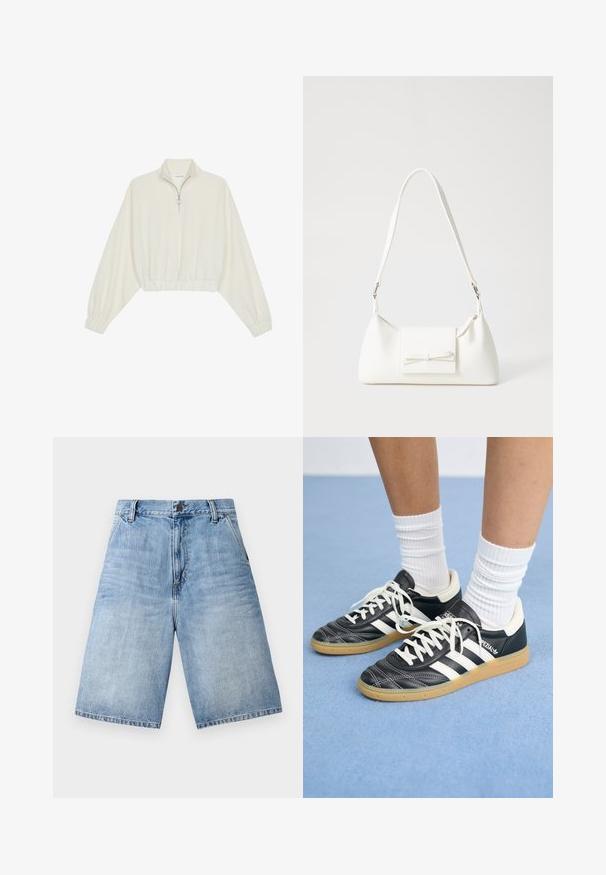 Geknipt pullover in crèmekleurige stof, met een hoge kraag, halve rits, elastische zoom en manchetten, met een soepele textuur en minimalistisch ontwerp.; Lichtblauwe denim shorts met een losse pasvorm, vijf zakken en een knoopsluiting aan de tailleband. Gefreide zoomdetails aan de benen.; Zwarte leren sneakers met witte strepen, ronde neus, witte veters en een gumrubberen zool. Versterkt met een gevoerd kraag en merkdetails.; Witte synthetische handtas met een driehoekige vorm, platte voorklep en strikdetail, verstelbare schouderriem, gladde textuur en minimalistisch ontwerp.