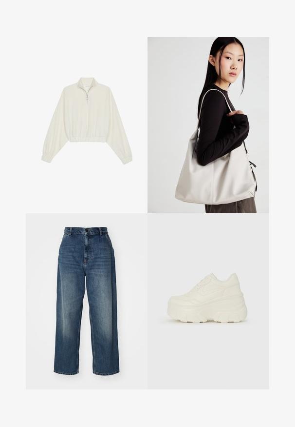 Zkrátený pulover z krémového materiálu, s vysokým golierom, polovičným zipsom, elastickým lemom a manžetami, s hladkou textúrou a minimalistickým dizajnom.; Modré denimové široké nohavice s vysokým pásom, s gombíkovým zapínaním, pútkami na opasok a vyblednutím nad stehnami. Rovné zakončenie nohavíc.; Biele platformové tenisky s hladkým koženkovým svrchným materiálom, zaobleným tvarom, polstrovaným golierom a textúrovanou gumovou podrážkou s výrazným vzorom.; Béžová kabelka vyrobená z mäkkého materiálu, s uvoľneným dizajnom, prišitými detailmi a dvoma popruhmi na nosenie na pleciach. Vhodná na každodenné nosenie.
