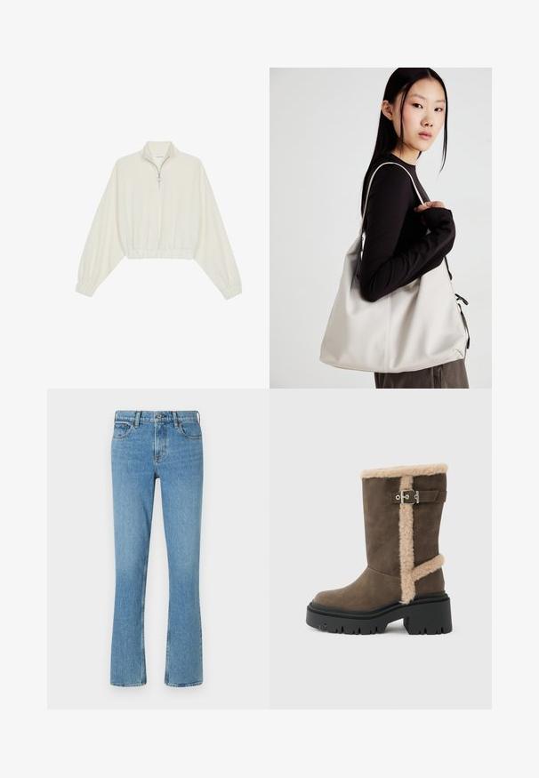 Kort genser i kremfarget stoff, med høy krage, halv glidelås, elastisk nederste kant og mansjetter, med en glatt tekstur og minimalistisk design.; Lyseblå denimjeans med utsvingte ben, femlommerdesign, knappestenging og subtil falming. Ingen synlige mønstre eller dekorasjoner.; Brun semsket ankelstøvel med beige pelskant, med en sølvfarget spenne og en kraftig svart såle med tykt mønster.; Beige håndveske laget av mykt materiale, med en slapp design, sydd detaljer og to skulderstropper. Passer for daglig bruk.