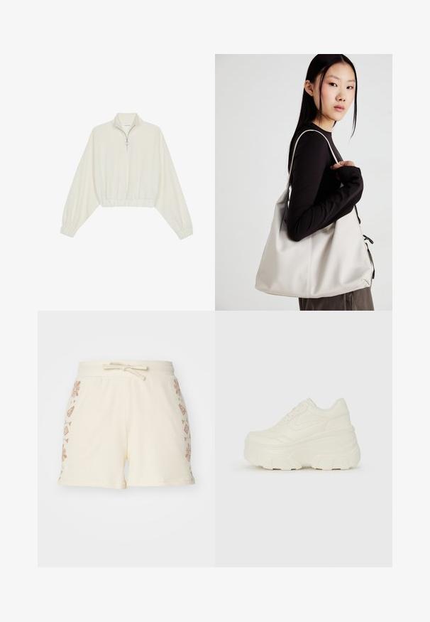 Kreemfarbenest lühikese varrukaga kudum, millel on kõrge kaelus, pool tõmblukk, elastne allosa ja varrukad, sile tekstuur ja minimaalne disain.; Kreemikas värvi ribadega lühikesed püksid, millel on stringiga vöökoht ja külgedel dekoratiivsed pruunid lille- ja geomeetrilised mustrid.; Valged platvormi tõusukingad, millel on siledast nahast meenutav pealis, ümar kuju, pehmendatud kaelus ja tekstureeritud kummitald koos selgete hüdrofoobsete mustritega.; Bež käekott pehme materjali, millel on lõtv disain, õmblustega detailid ja kaks õlarihma. Sobib igapäevaseks kasutamiseks.